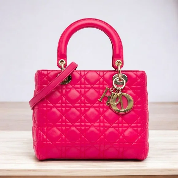 π₯ Christian Dior Lady Dior Pink Supple Quilted Lambskin Large Bag EUC! - Picture 9 of 16